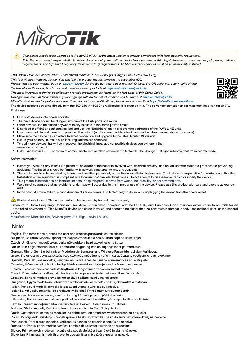 Page 1 de la notice Manuel utilisateur Mikrotik PWR-Line AP