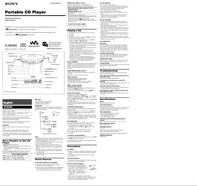 Page n°1 - Manuel utilisateur Sony D-NE005