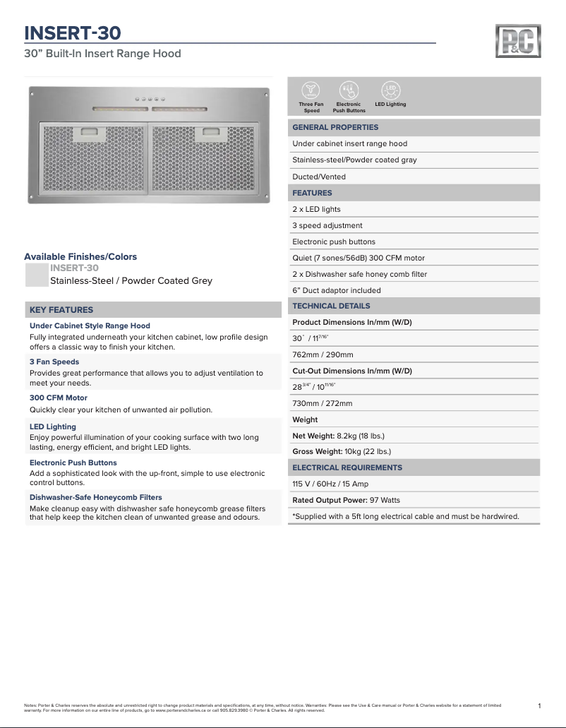 Page 1 de la notice Fiche technique Porter & Charles INSERT-30