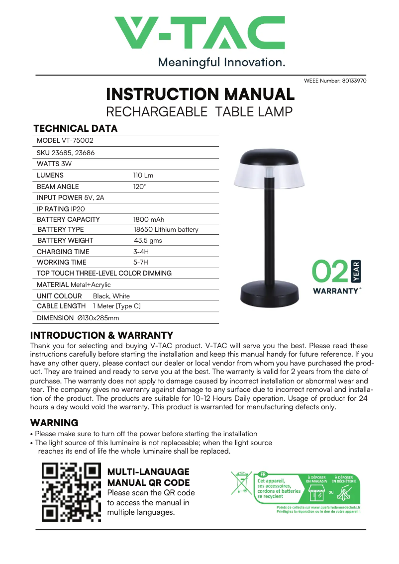 Page 1 de la notice Manuel utilisateur V-TAC VT-75002