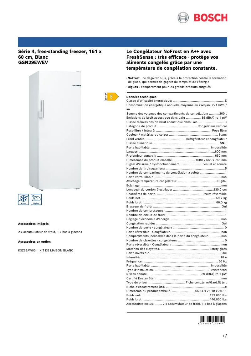 Page 1 de la notice Fiche technique Bosch GSN29EWEV
