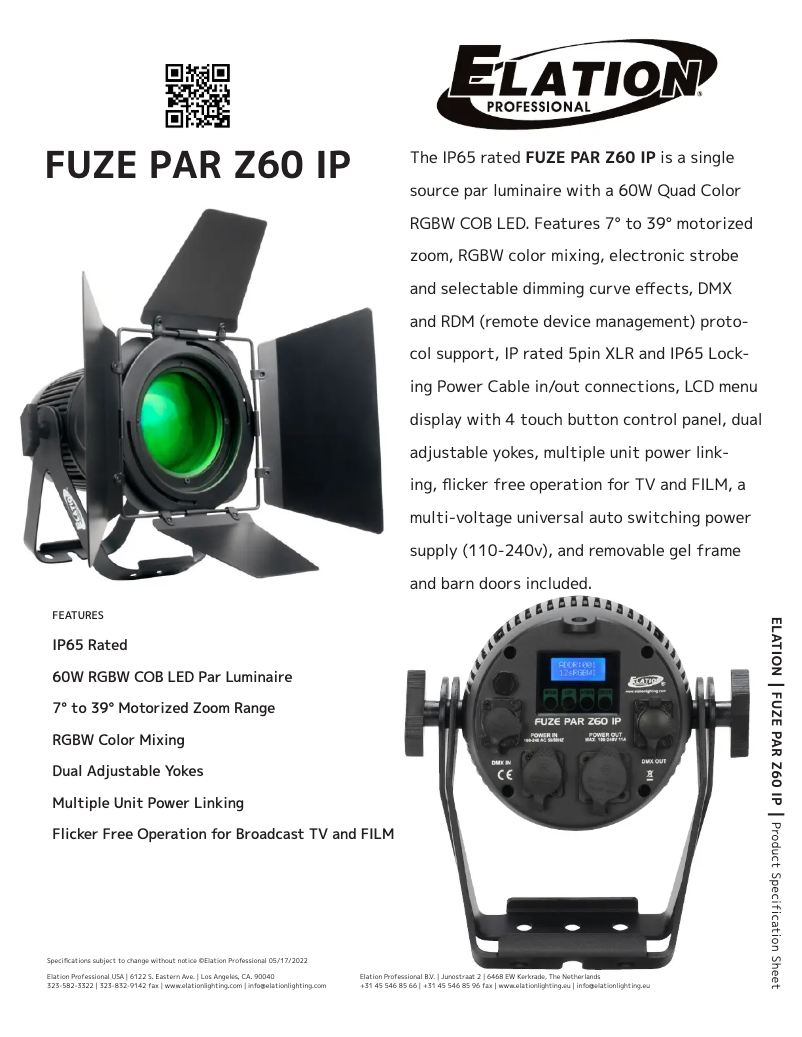 Page 1 de la notice Fiche technique Elation Fuze Par Z60 IP