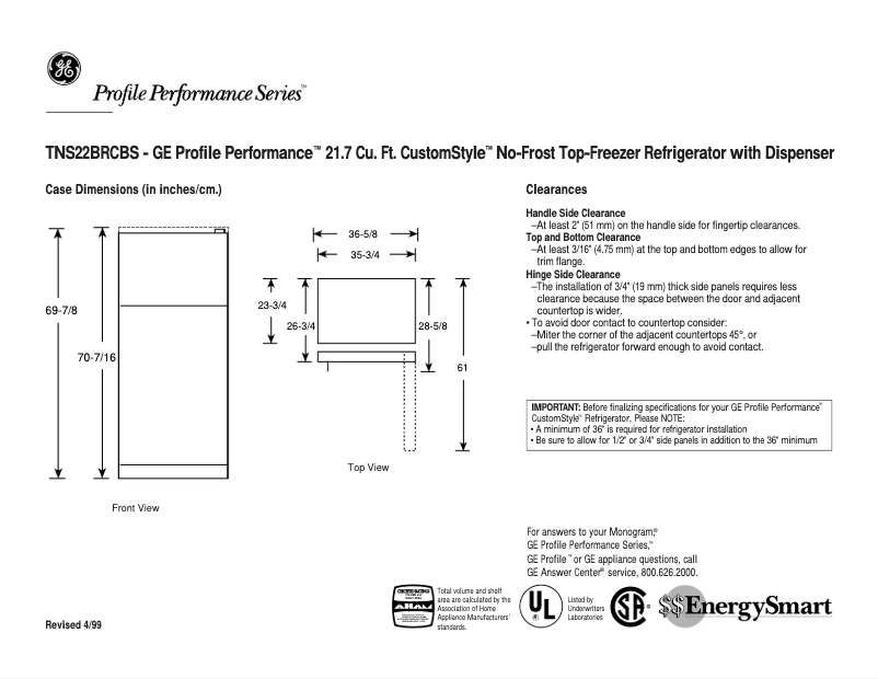 Page 1 de la notice Fiche technique GE Profile Performance TNS22BRCLBS
