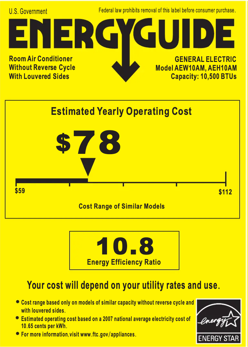 Page n°1 - Label énergétique GE AEH10AM