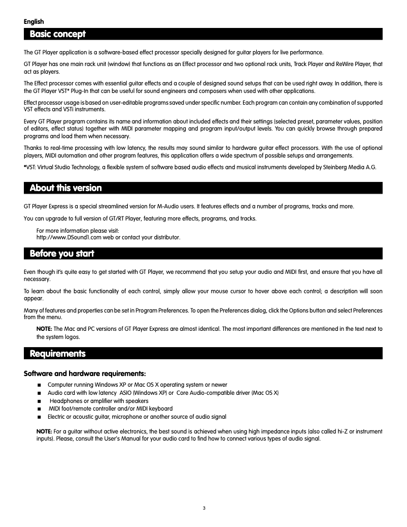 Page 1 de la notice Manuel utilisateur M-Audio GT Player Express