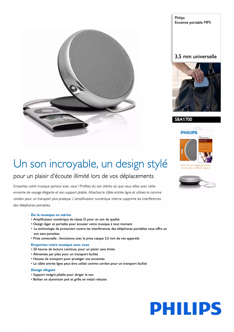 Page 1 de la notice Fiche technique Philips SBA1700