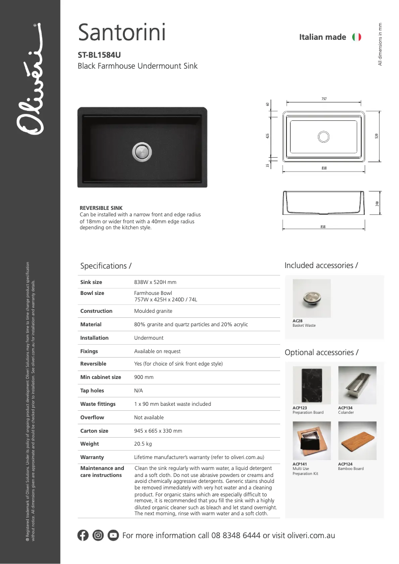 Página 1 del manual Ficha técnica Oliveri ST-BL1584U