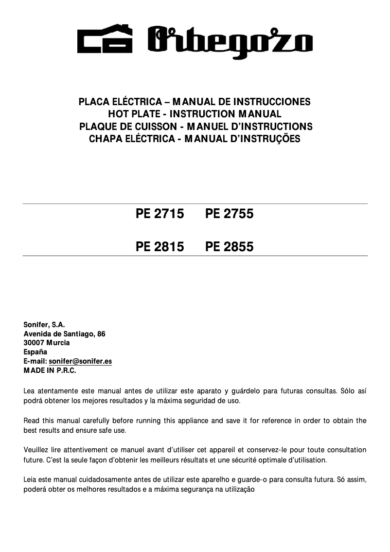 Page 1 de la notice Manuel utilisateur Orbegozo PE 2815