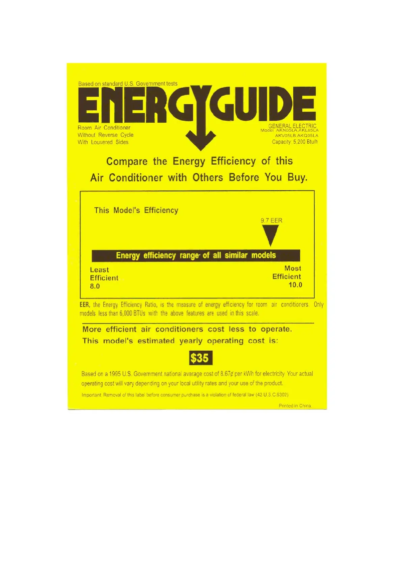 Página 1 del manual Etiqueta energética GE AKL05LA