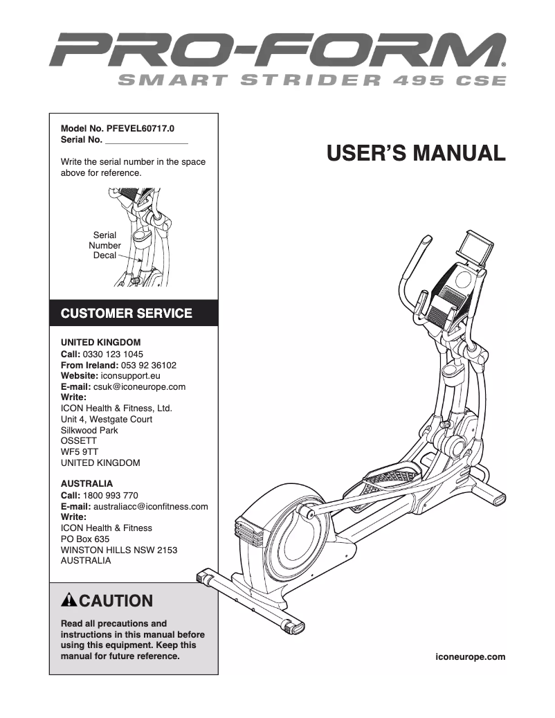 Page 1 de la notice Manuel utilisateur ProForm Smart Strider 495 CSE