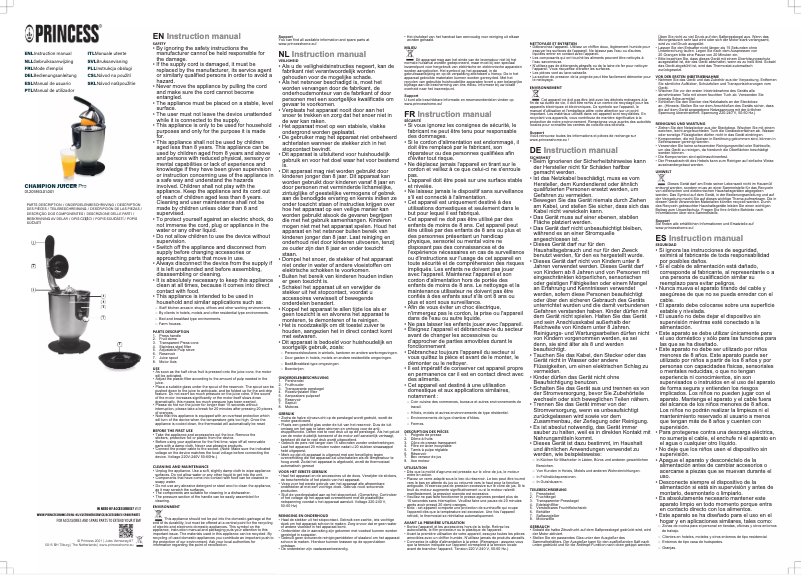 Page 1 de la notice Manuel utilisateur Princess Champion Juicer Pro 201863