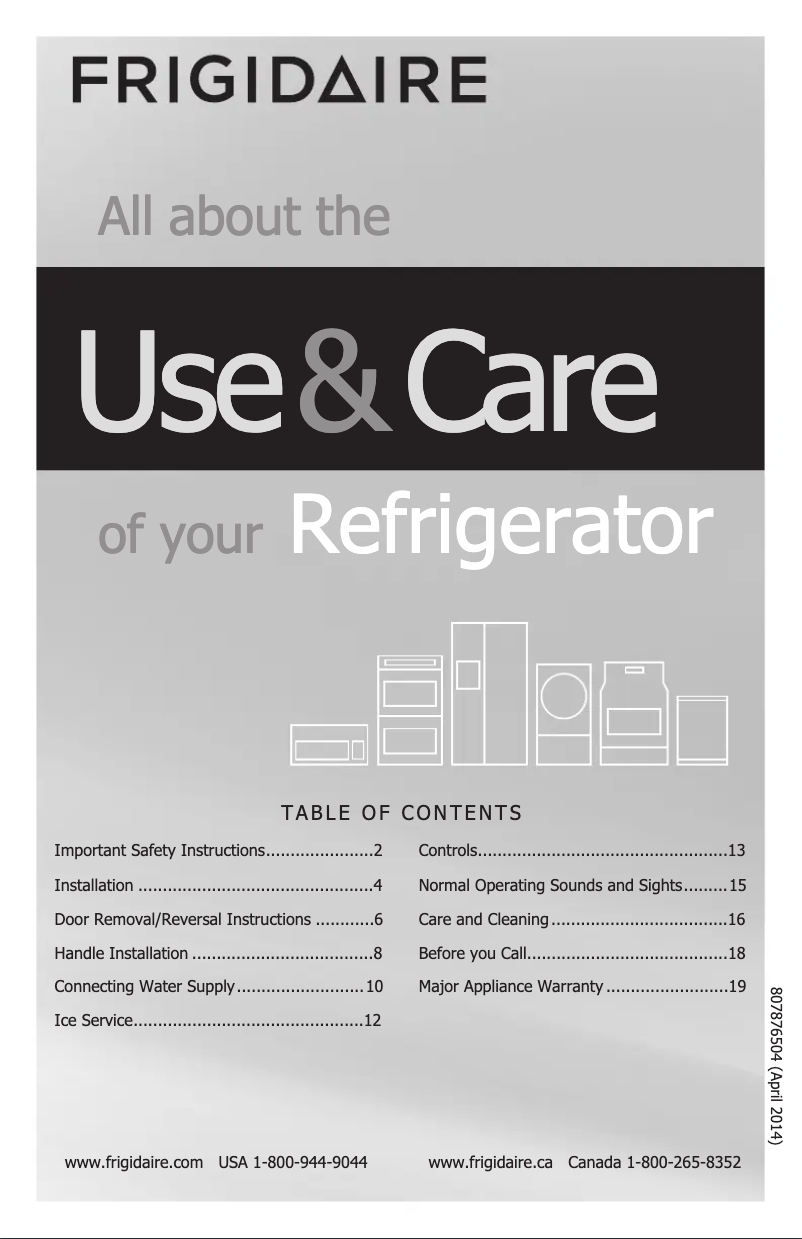 Page n°1 - Manuel d'utilisation et d'entretien Frigidaire FFHT2021Q