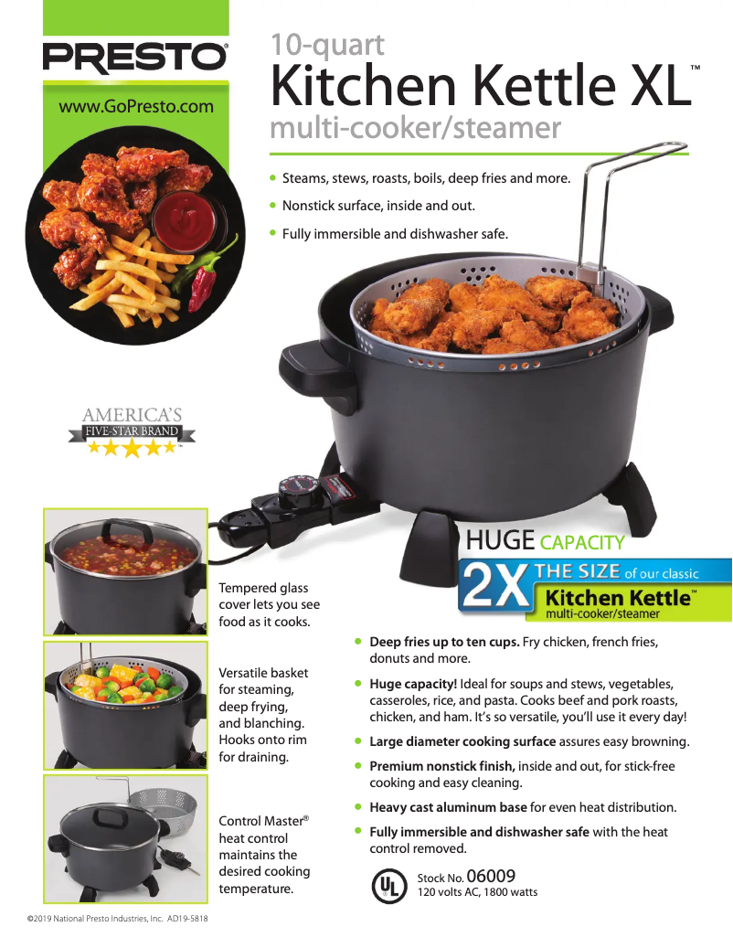 Page 1 de la notice Fiche technique Presto 10-quart Kitchen Kettle XL