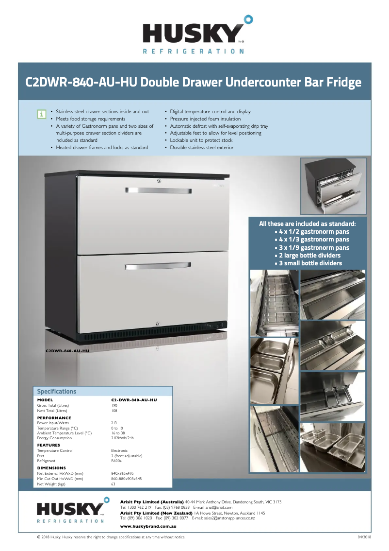 Page 1 de la notice Fiche technique Husky C2-DWR-840