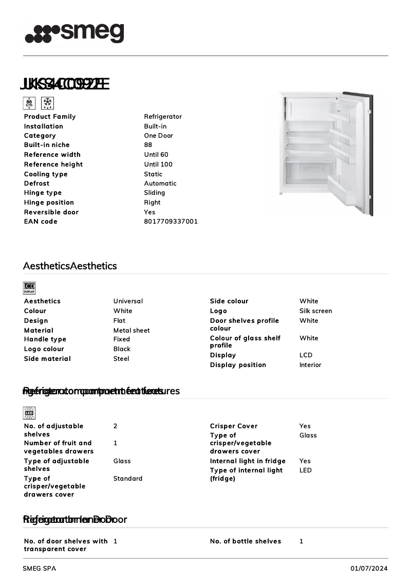 Page 1 de la notice Fiche technique Smeg UKS4C092E