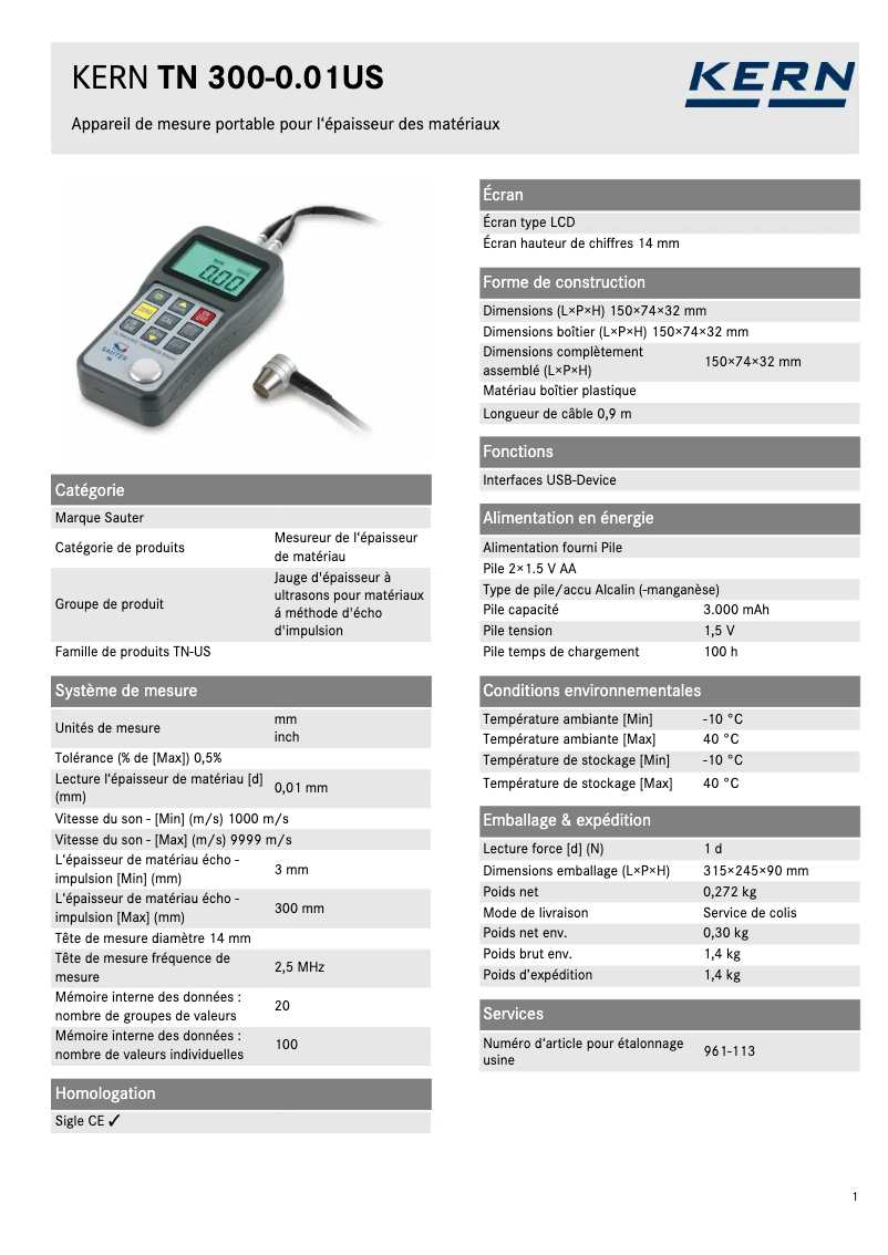 Page 1 de la notice Fiche technique Sauter TN 300-0.01US