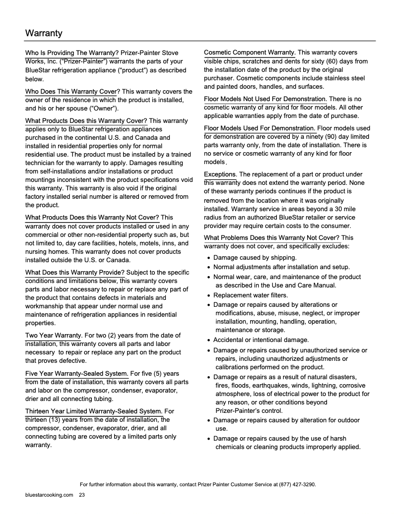 Page 1 de la notice Informations de garantie BlueStar BIRP24L0