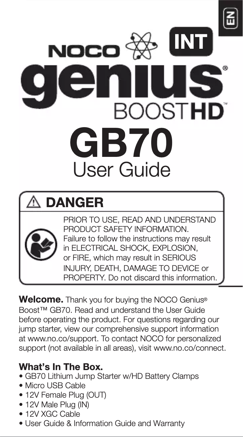 Page 1 de la notice Manuel utilisateur NOCO Genius Boost HD GB70