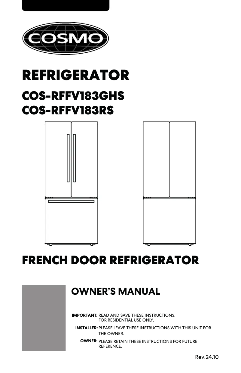 Page 1 de la notice Manuel utilisateur Cosmo COS-RFFV183GHS