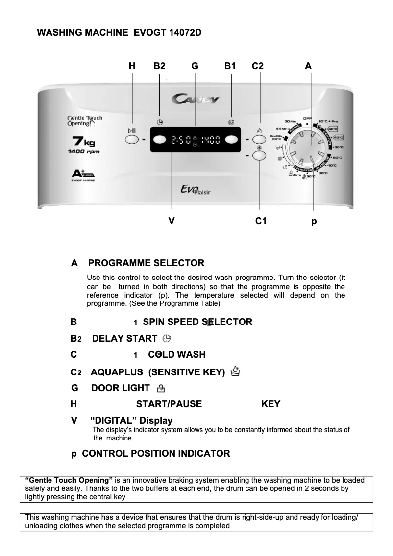 Page 1 de la notice Manuel utilisateur Candy EVOGT 14072 D