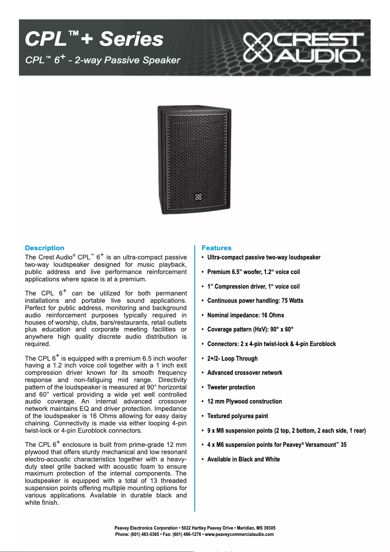 Page 1 de la notice Fiche technique Crest Audio CPL 6+