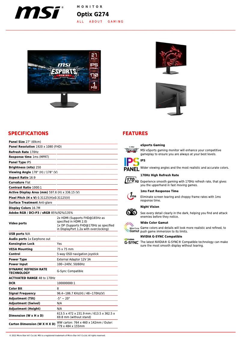 Página 1 del manual Ficha técnica MSI Optix G274