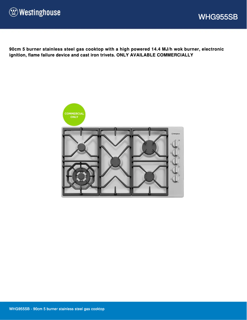 Page 1 de la notice Fiche technique Westinghouse WHG955SB