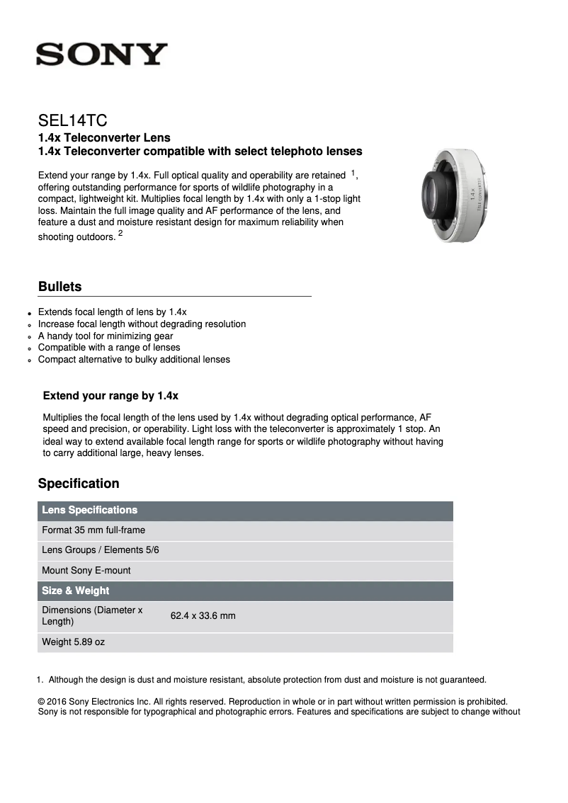 Page 1 de la notice Fiche technique Sony SEL14TC