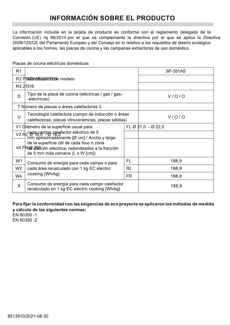 Page 1 de la notice Fiche technique Fagor 3IF-331AS