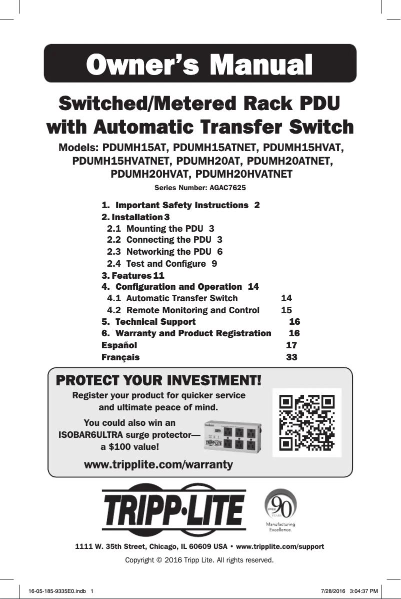 Page 1 de la notice Manuel utilisateur Tripp Lite PDUMH15HVATNET