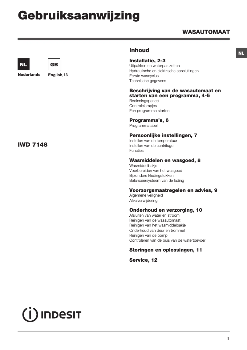 Page 1 de la notice Manuel utilisateur Indesit IWD 7148 SL