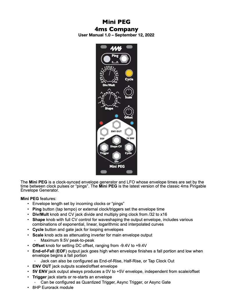 Page 1 de la notice Manuel utilisateur 4ms Mini PEG