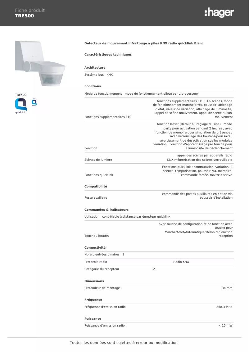 Page n°1 - Fiche technique Hager TRE500