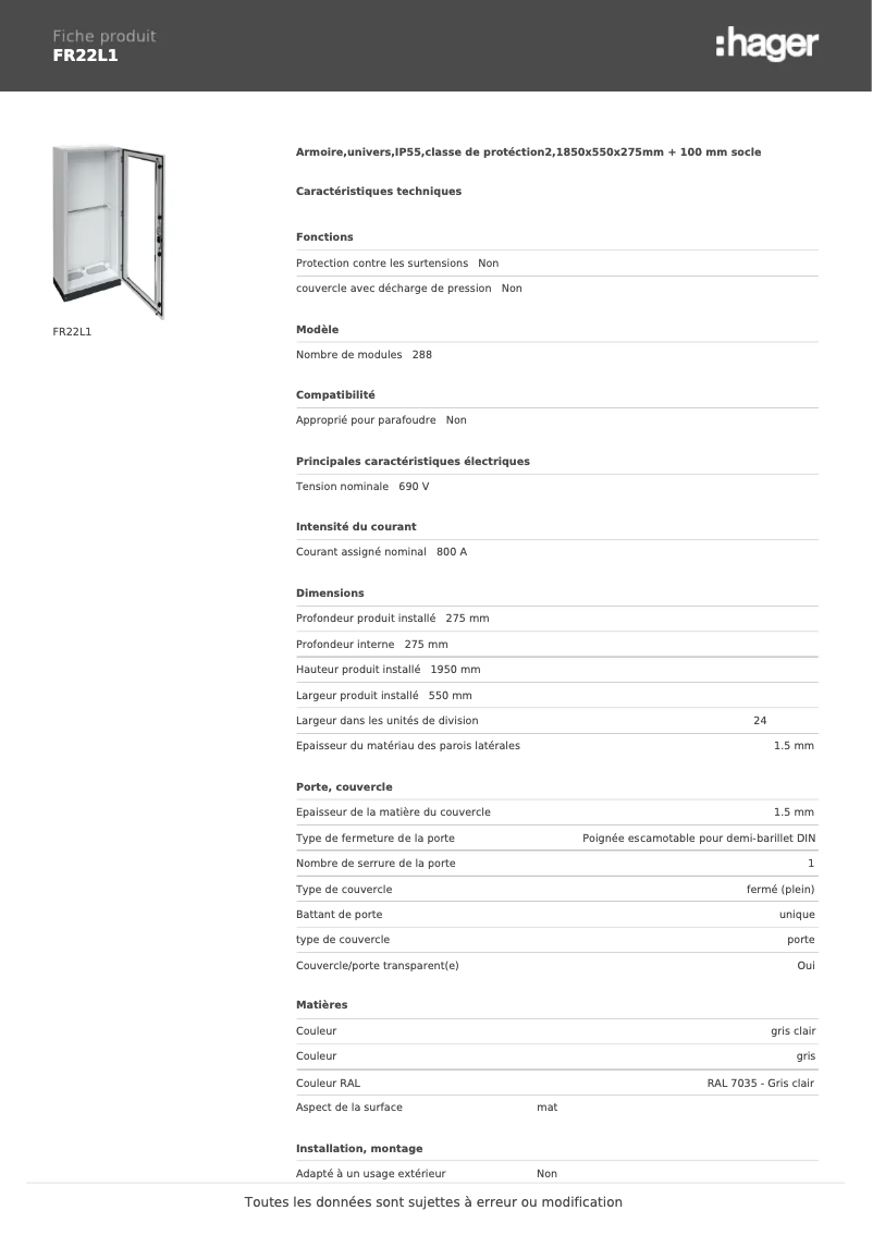 Page n°1 - Fiche technique Hager FR22L1