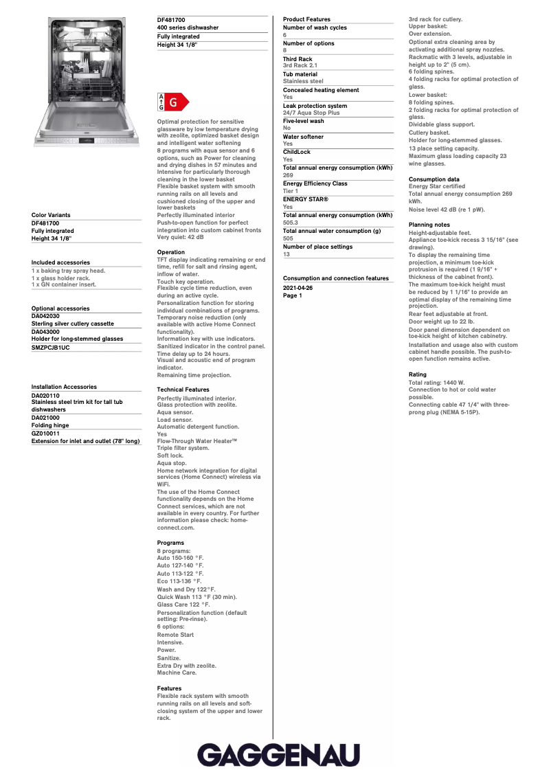 Page n°1 - Fiche technique Gaggenau DF481700