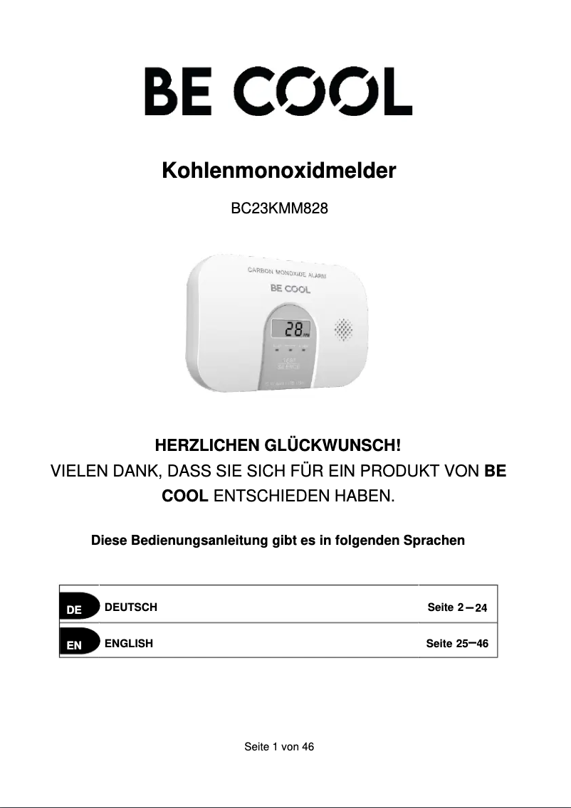 Page 1 de la notice Manuel utilisateur Be Cool BC23KMM828