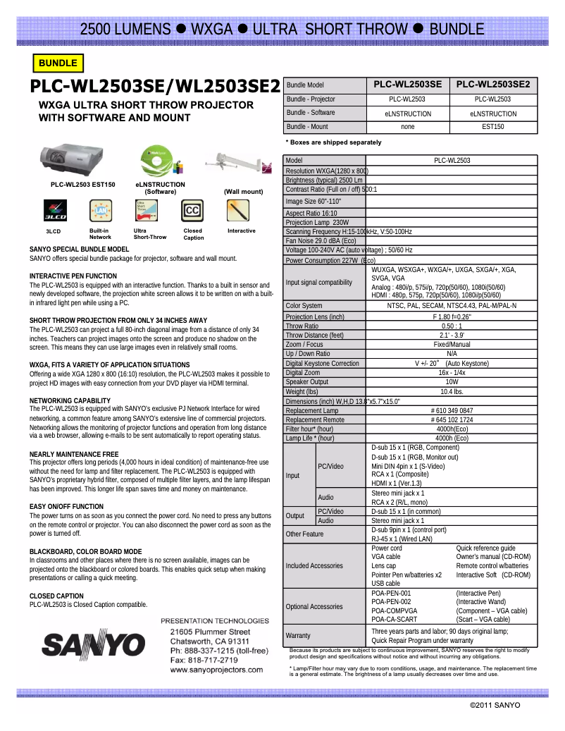 Page 1 de la notice Manuel utilisateur Sanyo PLC-WL2503SE2
