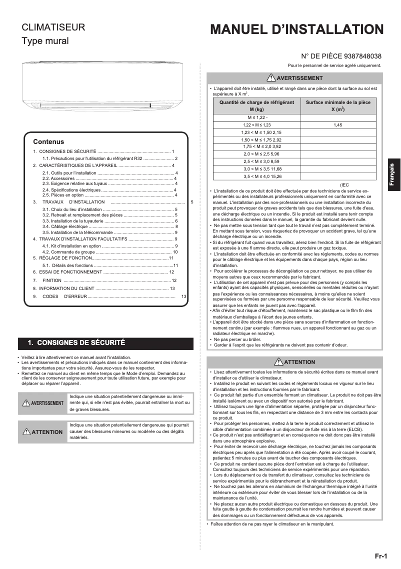 Page 1 de la notice Manuel utilisateur Fujitsu ASYG12KETA-B
