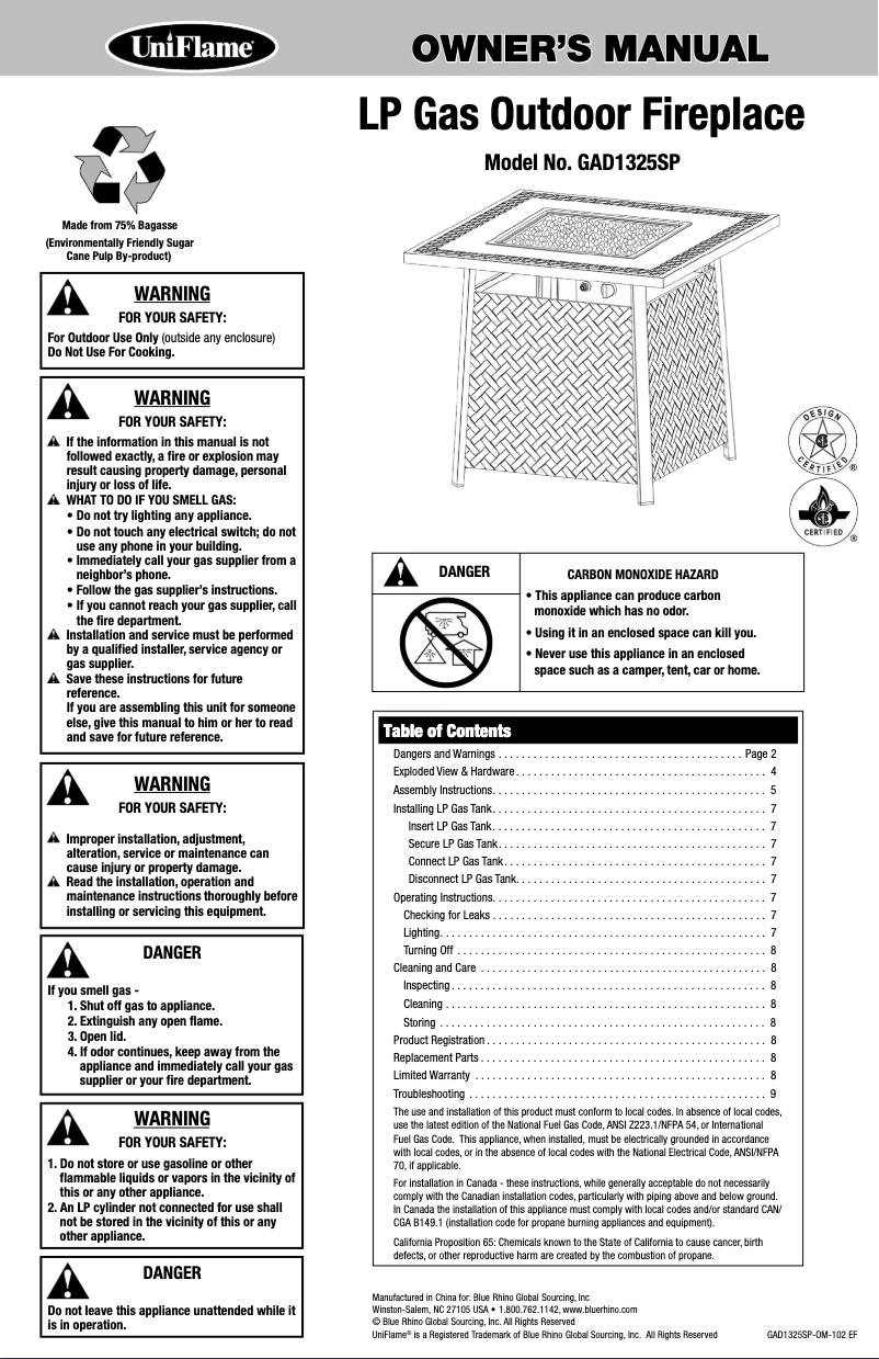 Page n°1 - Manuel utilisateur Blue Rhino GAD1325SP