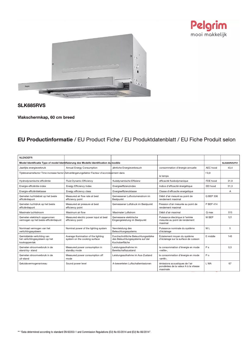 Page 1 de la notice Fiche technique Pelgrim SLK685RVS