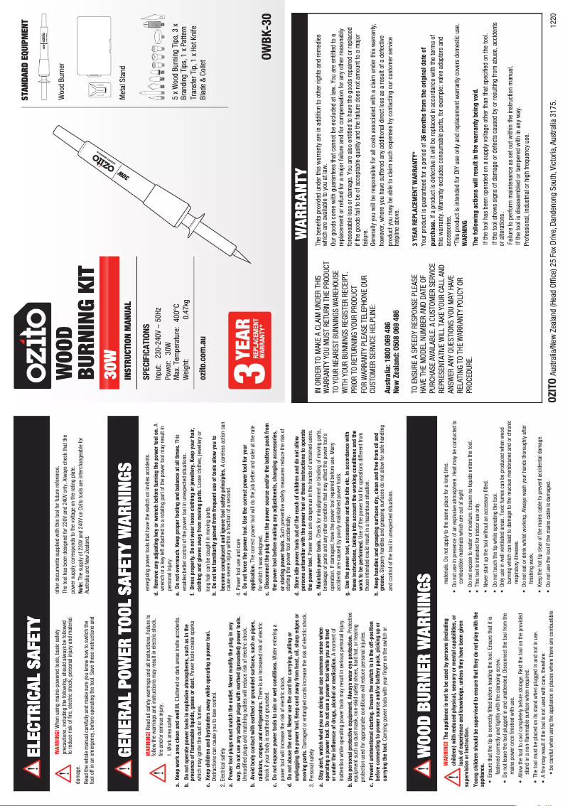 Page n°1 - Manuel utilisateur Ozito OWBK-30