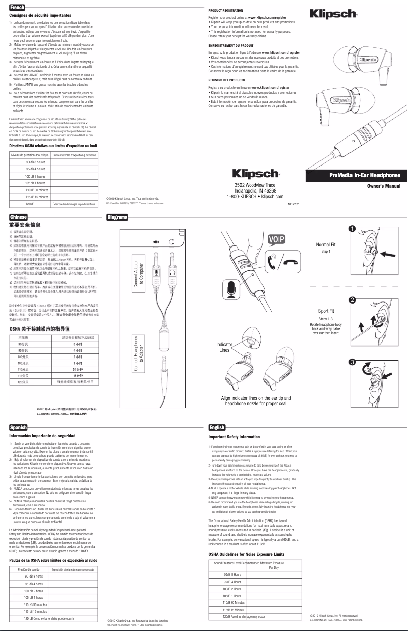 Page 1 de la notice Manuel utilisateur Klipsch ProMedia In-Ear Headphones