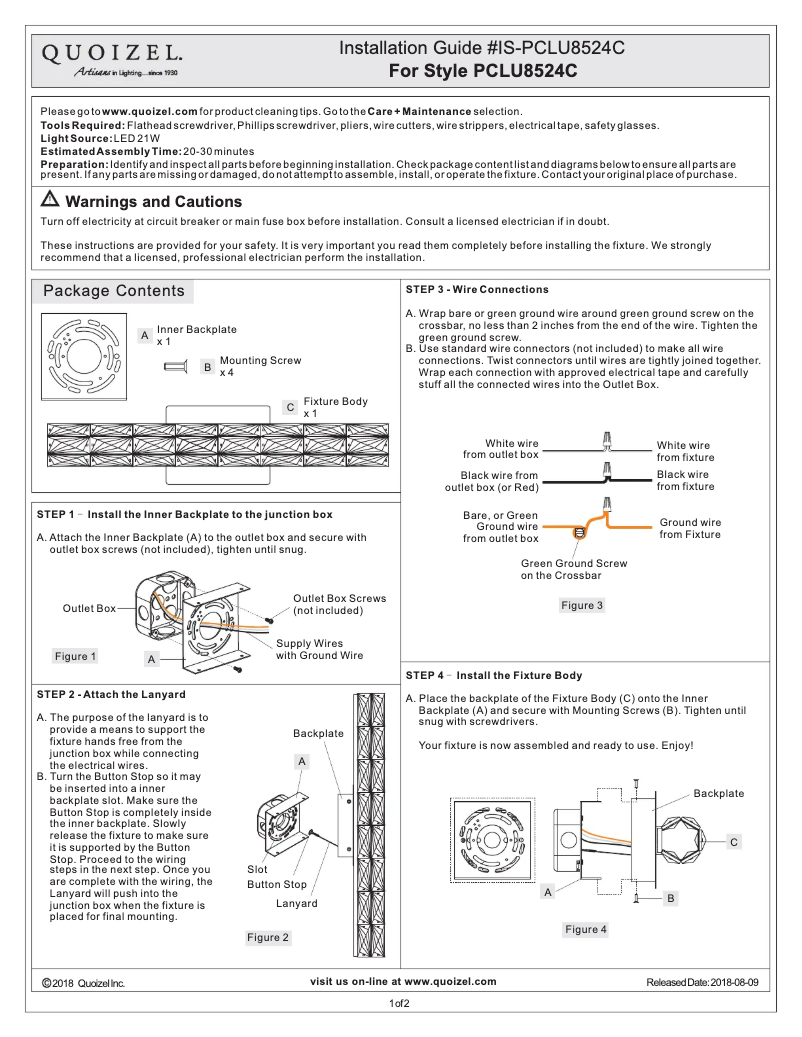 Page 1 de la notice Manuel utilisateur Quoizel PCLU8524C