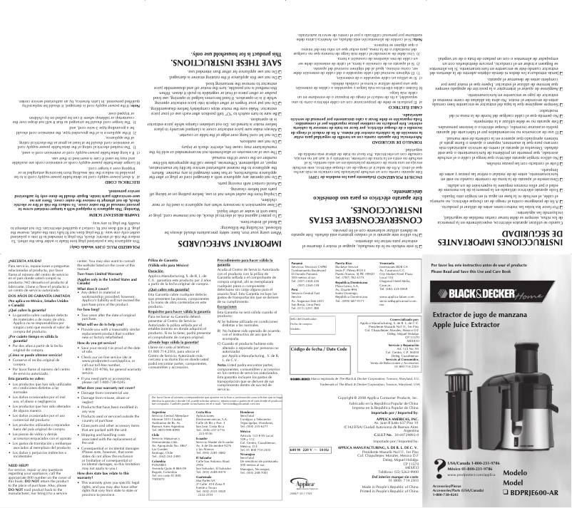 Image de la première page du manuel de l'appareil BDPRJE600-AR