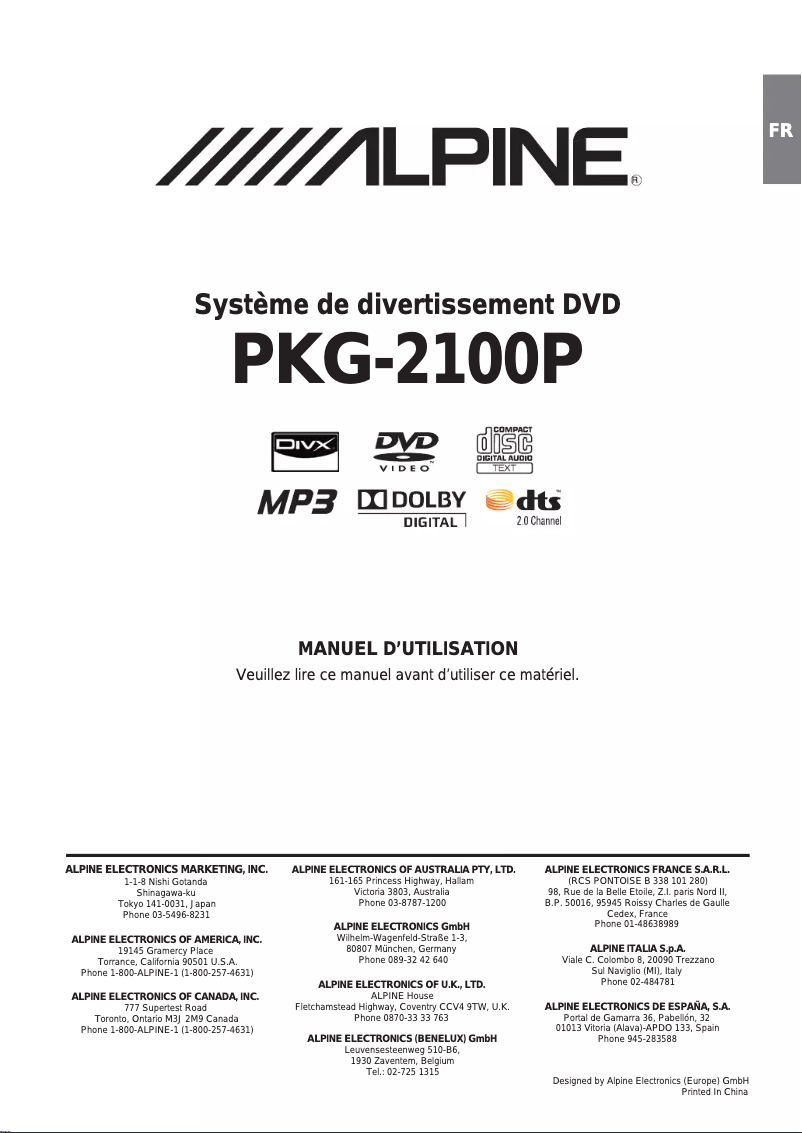 Page 1 de la notice Manuel utilisateur Alpine PKG-2100P