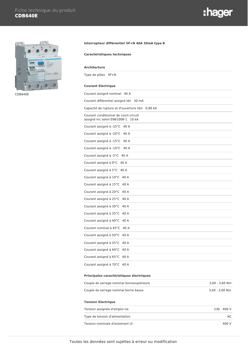 Page n°1 - Fiche technique Hager CDB640E