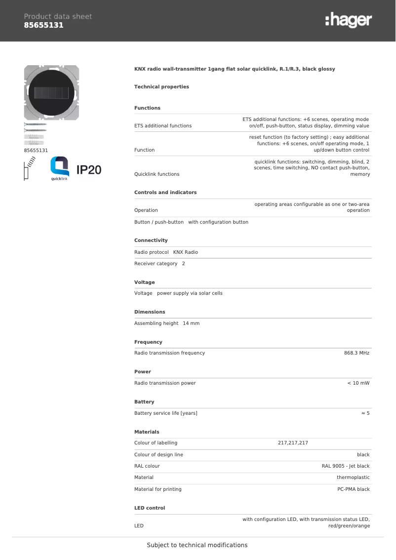 Page 1 de la notice Fiche technique Hager 85655131