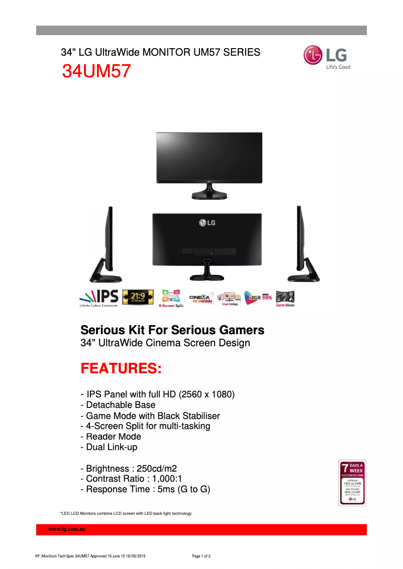 Página 1 del manual Ficha técnica LG 34UM57