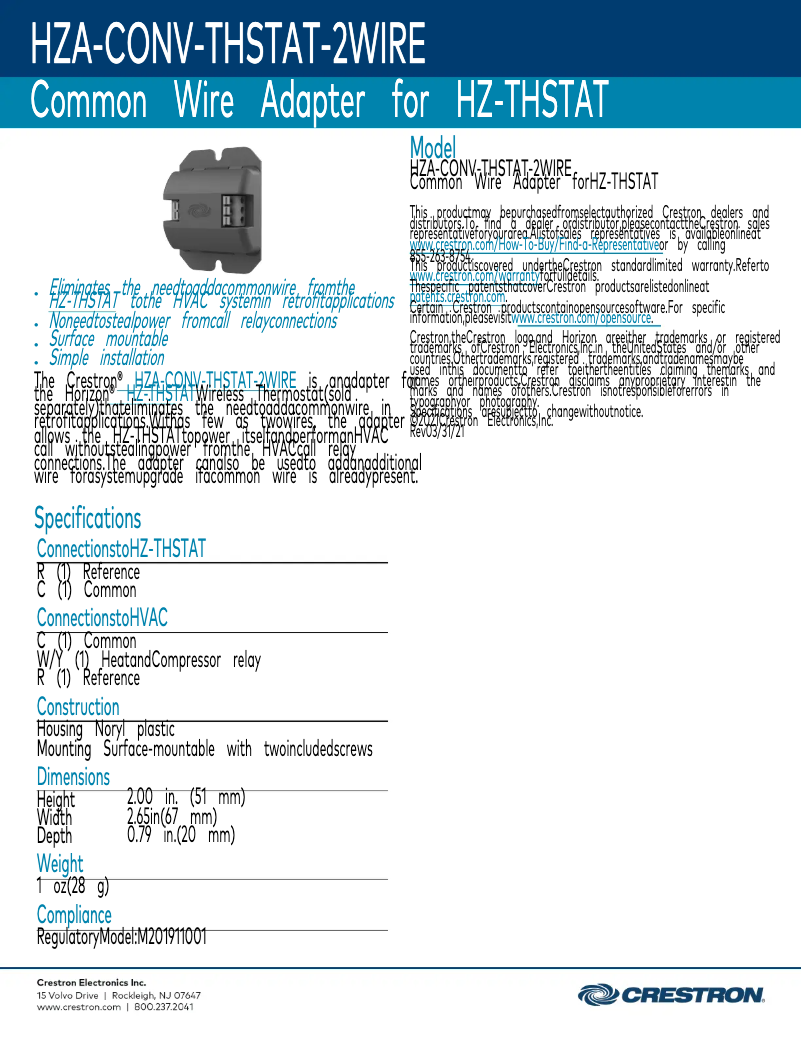 Imagen de la primera página del manual del dispositivo HZA-CONV-THSTAT-2WIRE