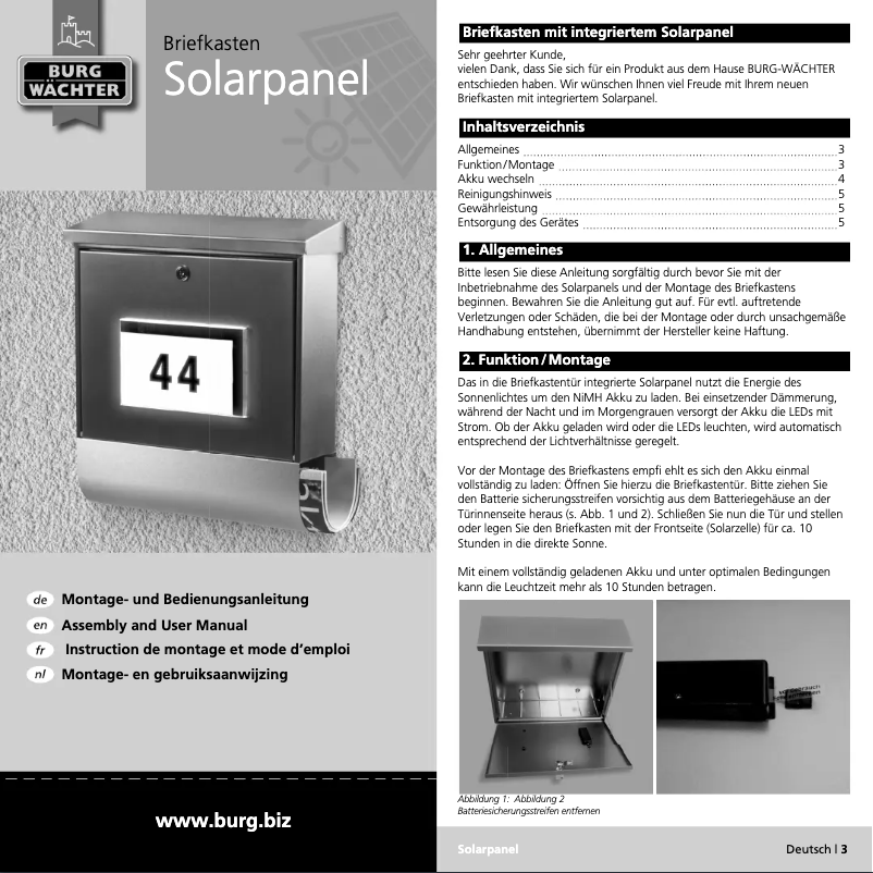 Page 1 de la notice Manuel utilisateur Burg Wächter Malaga 4400 Ni